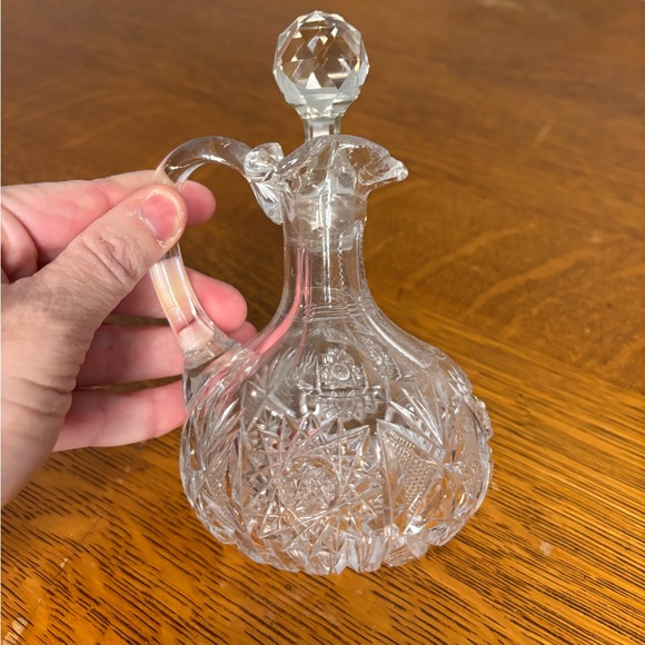 Antique Cut Glass Cruet with Handle & Stopper Etched Glass Decor Delicate Chip - Picture 8 of 14